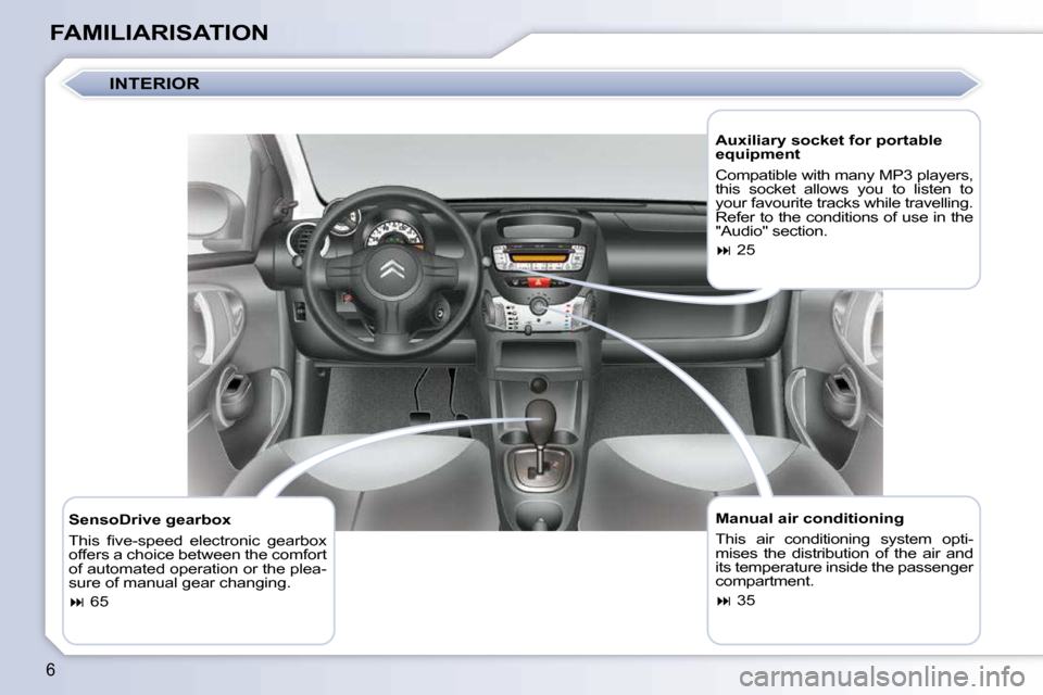 Citroen C1 DAG 2010.5 1.G Owners Manual 6
FAMILIARISATION  Manual air conditioning  
� �T�h�i�s�  �a�i�r�  �c�o�n�d�i�t�i�o�n�i�n�g�  �s�y�s�t�e�m�  �o�p�t�i�- 
mises  the  distribution  of  the  air  and 
its temperature inside the passeng