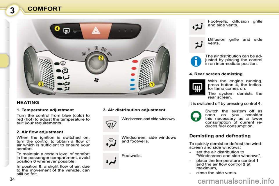 Citroen C1 DAG 2010.5 1.G Owners Manual 3
34
COMFORT
HEATING  
  1. Temperature adjustment  
 Turn  the  control  from  blue  (cold)  to  
red (hot) to adjust the temperature to 
suit your requirements.   
� � �2�.� �A�i�r� �ﬂ� �o�w� �a�d