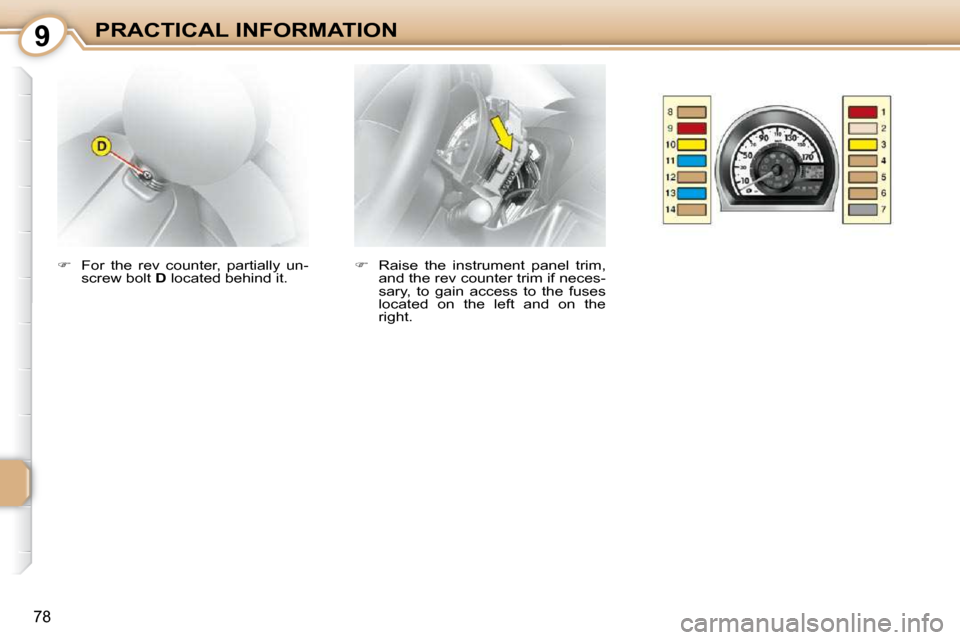 Citroen C1 DAG 2010.5 1.G Manual Online 9
78
PRACTICAL INFORMATION   
�    Raise  the  instrument  panel  trim, 
and the rev counter trim if neces- 
sary,  to  gain  access  to  the  fuses 
located  on  the  left  and  on  the 
right.  
