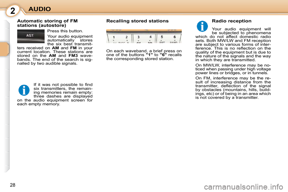 Citroen C1 2010.5 1.G Owners Manual 2
28
AUDIO  Radio reception  
 Your  audio  equipment  will  
be  subjected  to  phenomena 
which  do  not  affect  domestic  radio 
sets. Both MW/LW and FM reception 
are subject to various forms of 