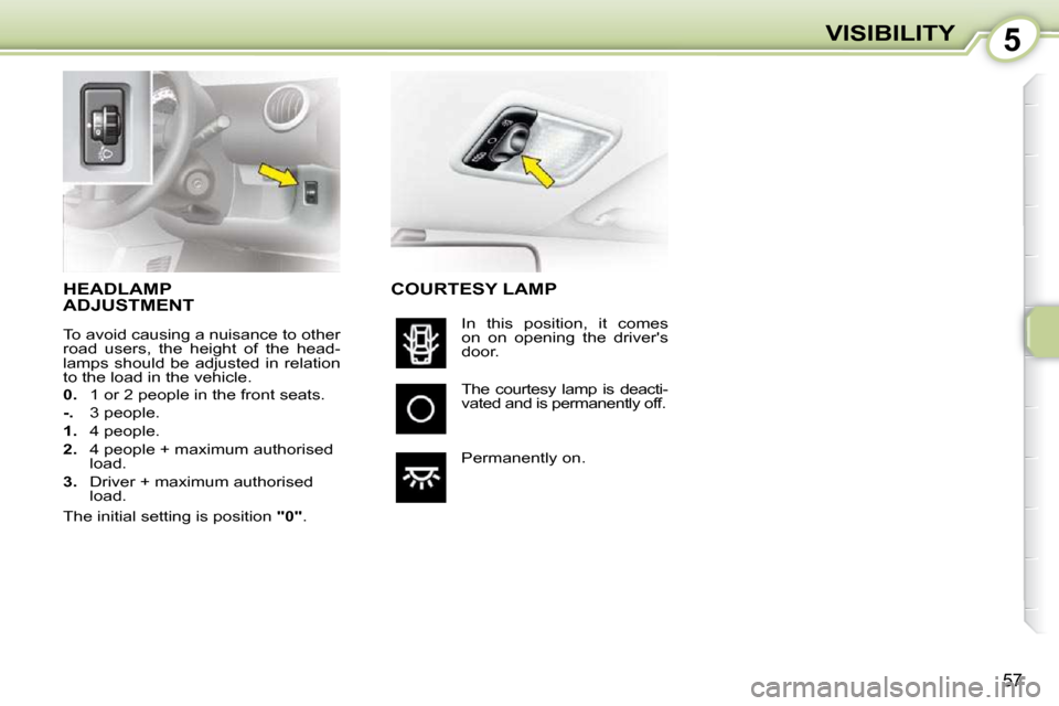 Citroen C1 2010.5 1.G Owners Manual 5
57
VISIBILITY
HEADLAMP ADJUSTMENT 
 To avoid causing a nuisance to other  
road  users,  the  height  of  the  head-
lamps  should  be  adjusted  in  relation 
to the load in the vehicle.  
  
0.   