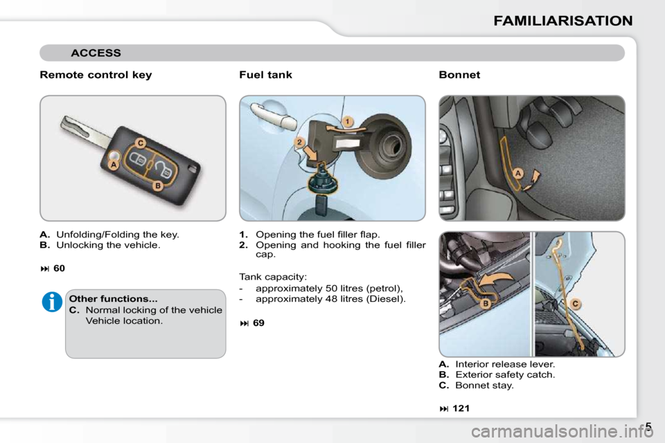 Citroen C3 DAG 2010.5 2.G Owners Manual FAMILIARISATION
  Remote control key    Fuel tank 
   
1. � �  �O�p�e�n�i�n�g� �t�h�e� �f�u�e�l� �ﬁ� �l�l�e�r� �ﬂ� �a�p�.� 
  
2. � �  �O�p�e�n�i�n�g�  �a�n�d�  �h�o�o�k�i�n�g�  �t�h�e�  �f�u�e�l�