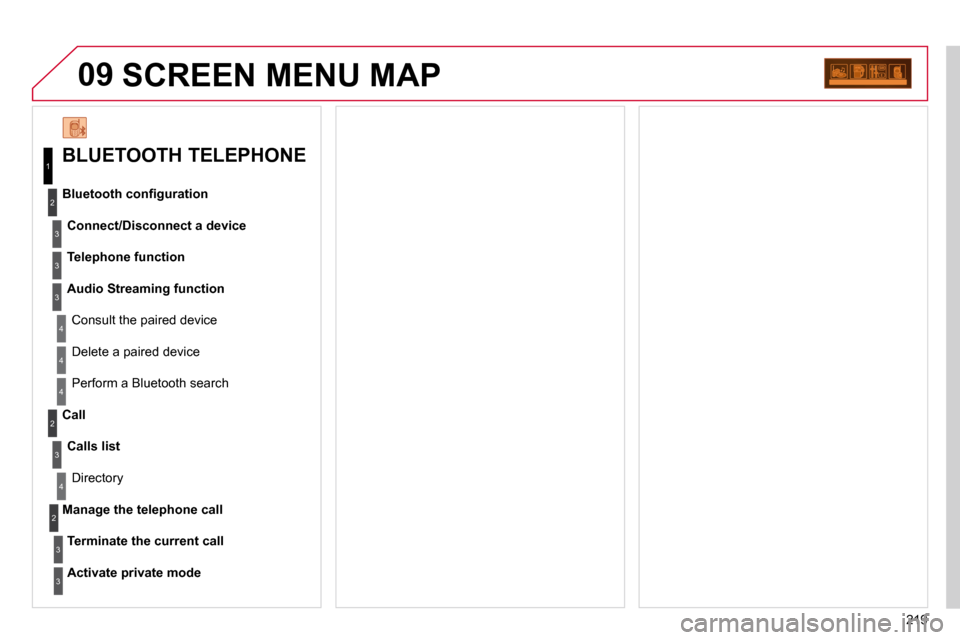 Citroen C3 DAG 2010.5 2.G Owners Manual 219
09 SCREEN MENU MAP 
  BLUETOOTH TELEPHONE 
Connect/Disconnect a device
 Consult the paired device 
� � �B�l�u�e�t�o�o�t�h� �c�o�n�ﬁ� �g�u�r�a�t�i�o�n� 
Telephone function
Audio Streaming functio