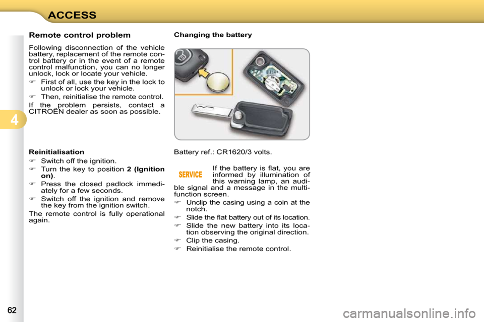 Citroen C3 DAG 2010.5 2.G Owners Manual 4
ACCESS
                Remote control problem  
 Following  disconnection  of  the  vehicle  
battery, replacement of the remote con-
trol  battery  or  in  the  event  of  a  remote 
control  malfu