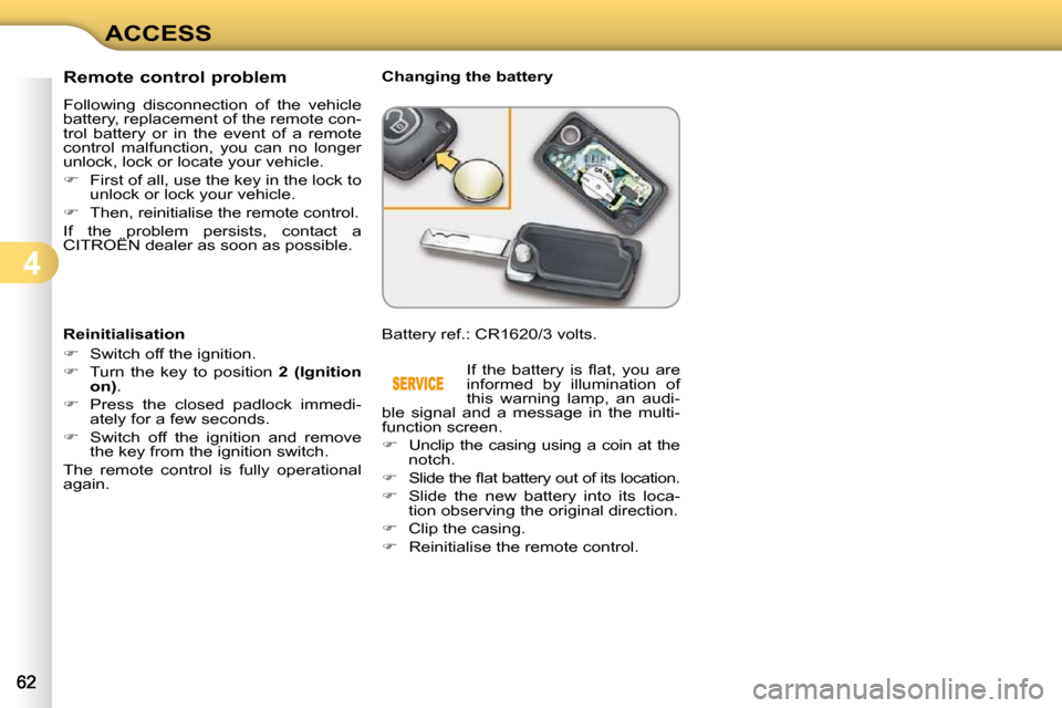 Citroen C3 DAG 2010.5 2.G Repair Manual 4
ACCESS
                Remote control problem  
 Following  disconnection  of  the  vehicle  
battery, replacement of the remote con-
trol  battery  or  in  the  event  of  a  remote 
control  malfu Citroen C3 DAG 2010.5 2.G Repair Manual 4
ACCESS
                Remote control problem  
 Following  disconnection  of  the  vehicle  
battery, replacement of the remote con-
trol  battery  or  in  the  event  of  a  remote 
control  malfu