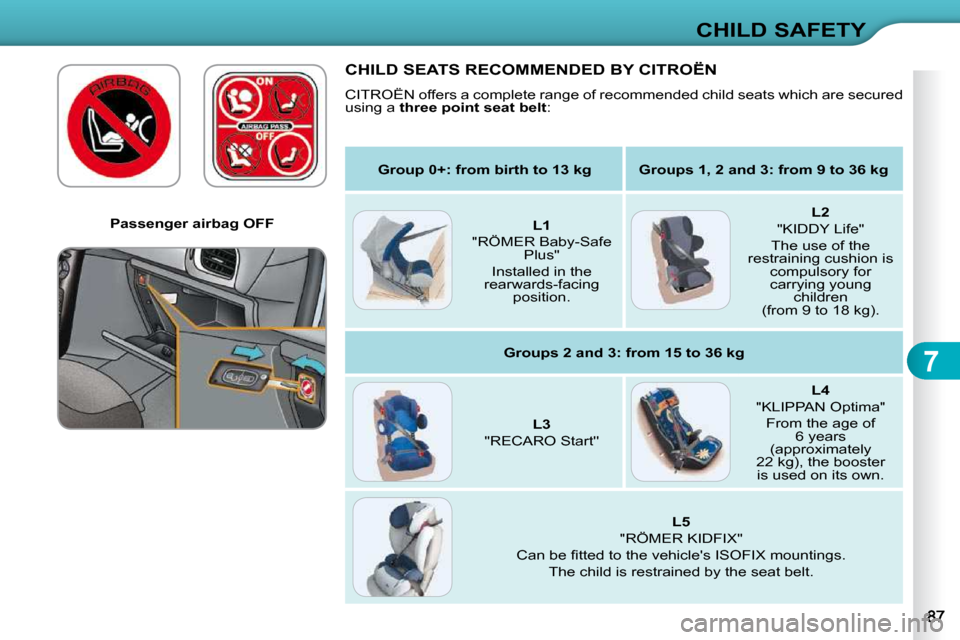 Citroen C3 DAG 2010.5 2.G Owners Manual 7
CHILD SAFETY
   Passenger airbag OFF   
 CHILD SEATS RECOMMENDED BY CITROËN 
� �C�I�T�R�O�Ë�N� �o�f�f�e�r�s� �a� �c�o�m�p�l�e�t�e� �r�a�n�g�e� �o�f� �r�e�c�o�m�m�e�n�d�e�d� �c�h�i�l�d� �s�e�a�t�s�