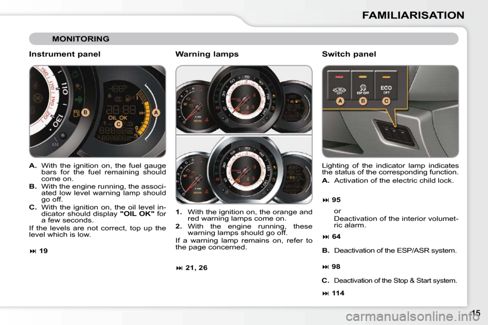 Citroen C3 2010.5 2.G Owners Manual FAMILIARISATION
 MONITORING 
  Instrument panel  
   
A.    With  the  ignition  on,  the  fuel  gauge 
bars  for  the  fuel  remaining  should  
come on. 
  
B.    With the engine running, the associ