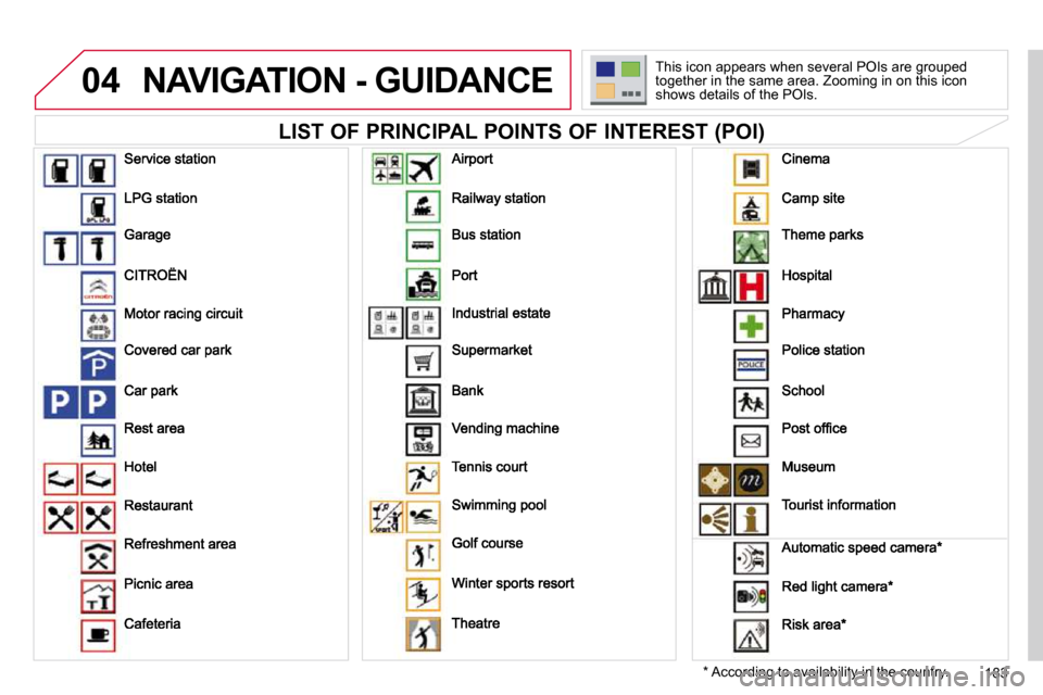 Citroen C3 2010.5 2.G User Guide 04
183
 NAVIGATION - GUIDANCE 
  LIST OF PRINCIPAL POINTS OF INTEREST (POI) 
� � �*� � � �A�c�c�o�r�d�i�n�g� �t�o� �a�v�a�i�l�a�b�i�l�i�t�y� �i�n� �t�h�e� �c�o�u�n�t�r�y�.� � 
� �T�h�i�s� �i�c�o�n� �a