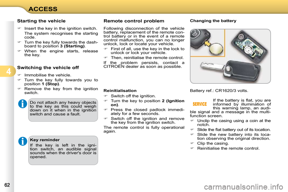 Citroen C3 2010.5 2.G Owners Manual 4
ACCESS                Remote control problem  
 Following  disconnection  of  the  vehicle  
battery, replacement of the remote con-
trol  battery  or  in  the  event  of  a  remote 
control  malfun