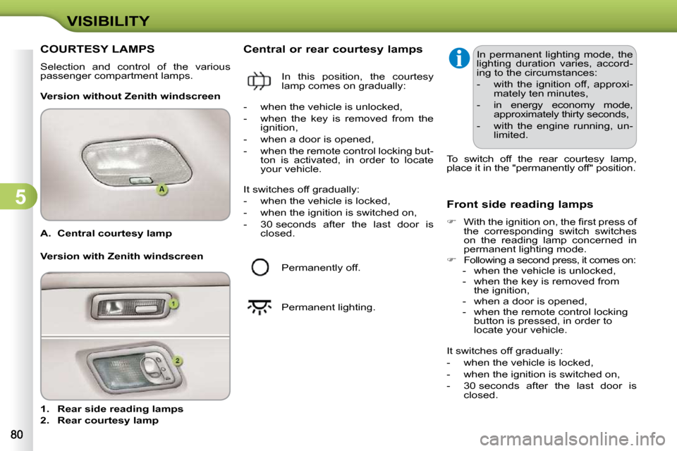Citroen C3 2010.5 2.G User Guide 5
VISIBILITY
   
A.     Central courtesy lamp     
   
1.     Rear side reading lamps   
  
2.     Rear courtesy lamp        Central or rear courtesy lamps 
  Version without Zenith windscreen 
  Fron