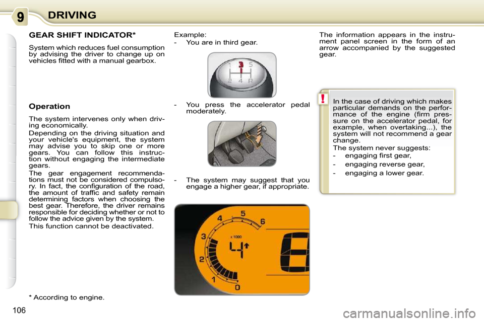 Citroen C3 PICASSO DAG 2010.5 1.G User Guide !
106
DRIVING
GEAR SHIFT INDICATOR *  
 System which reduces fuel consumption  
by  advising  the  driver  to  change  up  on 
�v�e�h�i�c�l�e�s� �ﬁ� �t�t�e�d� �w�i�t�h� �a� �m�a�n�u�a�l� �g�e�a�r�b�