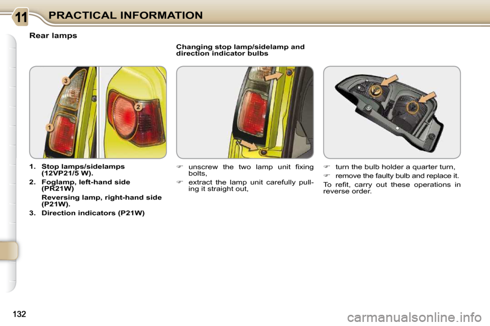 Citroen C3 PICASSO DAG 2010.5 1.G Owners Manual PRACTICAL INFORMATION
                               Rear lamps  
   
1.     Stop lamps   
/   
sidelamps   
 
(12VP21/5 W).   
  
2.     Foglamp,    
left-hand side 
(PR21W)    
    Reversing    
lam