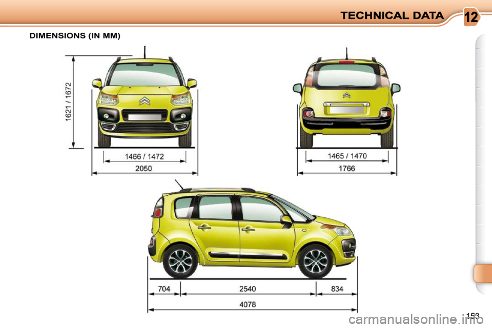 Citroen C3 PICASSO DAG 2010.5 1.G Owners Manual 153
DIMENSIONS (IN MM) Citroen C3 PICASSO DAG 2010.5 1.G Owners Manual 153
DIMENSIONS (IN MM)