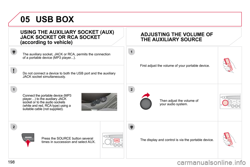 Citroen C3 PICASSO DAG 2010.5 1.G Owners Manual 198
05
1
21
2
 The display and control is via the portable device.  
 First adjust the volume of your portable device. 
 Then adjust the volume of your audio system. 
             USING THE AUXILIARY 