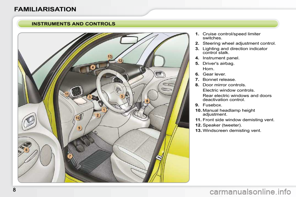 Citroen C3 PICASSO DAG 2010.5 1.G Owners Manual FAMILIARISATION  INSTRUMENTS AND CONTROLS     
1. � �  �C�r�u�i�s�e� �c�o�n�t�r�o�l�/�s�p�e�e�d� �l�i�m�i�t�e�r� 
switches. 
  
2. � �  �S�t�e�e�r�i�n�g� �w�h�e�e�l� �a�d�j�u�s�t�m�e�n�t� �c�o�n�t�r�o