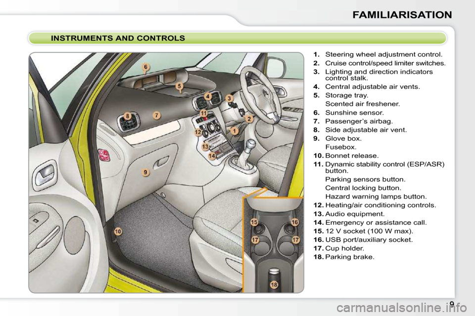 Citroen C3 PICASSO 2010.5 1.G Owners Manual FAMILIARISATION
  INSTRUMENTS AND CONTROLS     
1. � �  �S�t�e�e�r�i�n�g� �w�h�e�e�l� �a�d�j�u�s�t�m�e�n�t� �c�o�n�t�r�o�l�.� 
  
2. � �  �C�r�u�i�s�e� �c�o�n�t�r�o�l�/�s�p�e�e�d� �l�i�m�i�t�e�r� �s�w