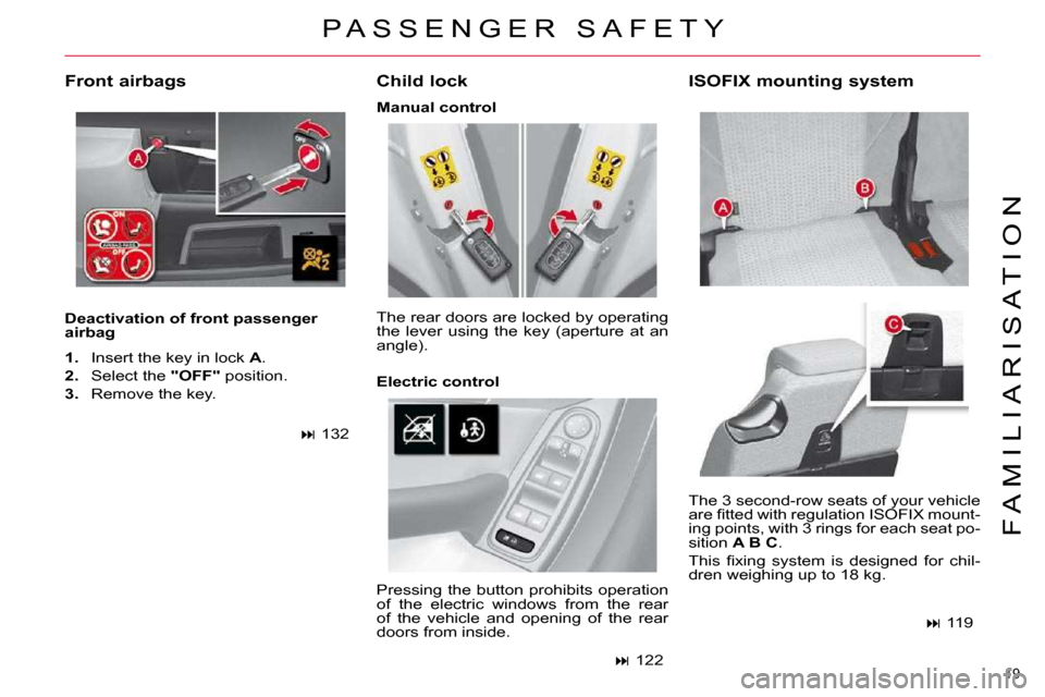 Citroen C4 PICASSO DAG 2010.5 1.G User Guide 19 
F A M I L I A R I S A T I O N
  Deactivation of front passenger  
airbag    Child lock 
 The 3 second-row seats of your vehicle 
�a�r�e� �ﬁ� �t�t�e�d� �w�i�t�h� �r�e�g�u�l�a�t�i�o�n� �I�S�O�F�I�