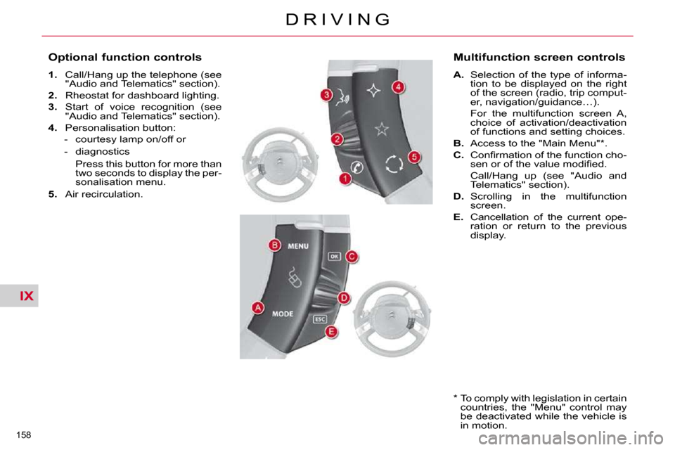 Citroen C4 PICASSO DAG 2010.5 1.G Owners Manual IX
158 
D R I V I N G
  Optional function controls  
   
1.    Call/Hang up the telephone (see 
�"�A�u�d�i�o� �a�n�d� �T�e�l�e�m�a�t�i�c�s�"� �s�e�c�t�i�o�n�)�.� 
  
2.    Rheostat for dashboard light