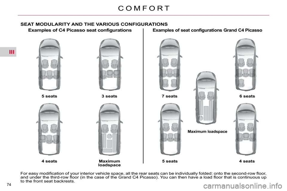 Citroen C4 PICASSO DAG 2010.5 1.G Manual PDF III
74 
C O M F O R T
SEAT MODULARITY AND THE VARIOUS CONFIGURATIONS 
  Examples of C4 Picasso seat configurations   
5 seats   
  
4 seats      
3 seats   
  
Maximum 
loadspace      Examples of seat