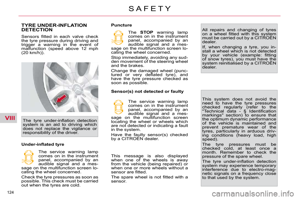 Citroen C4 PICASSO 2010.5 1.G Owners Manual VIII
�1�2�4� 
S A F E T Y
TYRE UNDER-INFLATION DETECTION 
� �S�e�n�s�o�r�s�  �ﬁ� �t�t�e�d�  �i�n�  �e�a�c�h�  �v�a�l�v�e�  �c�h�e�c�k�  
�t�h�e� �t�y�r�e� �p�r�e�s�s�u�r�e� �d�u�r�i�n�g� �d�r�i�v�i�