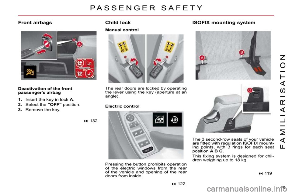 Citroen C4 PICASSO 2010.5 1.G User Guide 19 
F A M I L I A R I S A T I O N
  Deactivation of the front  
passengers airbag    Child lock 
� �T�h�e� �3� �s�e�c�o�n�d�-�r�o�w� �s�e�a�t�s� �o�f� �y�o�u�r� �v�e�h�i�c�l�e� 
�a�r�e� �ﬁ� �t�t�e�