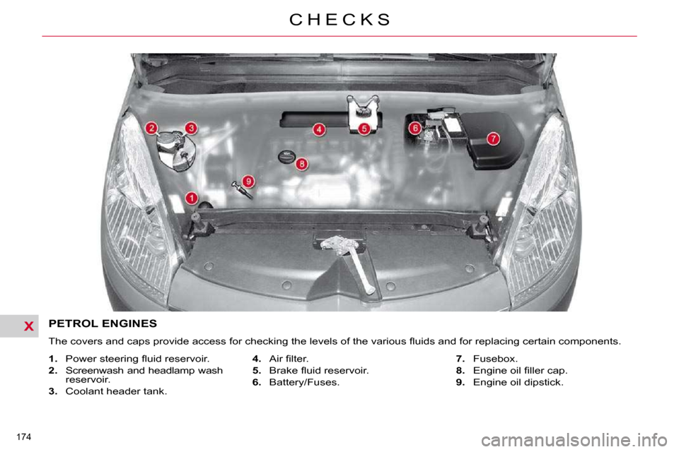 Citroen C4 PICASSO 2010.5 1.G Owners Manual X
�1�7�4� 
C H E C K S
PETROL ENGINES 
� �T�h�e� �c�o�v�e�r�s� �a�n�d� �c�a�p�s� �p�r�o�v�i�d�e� �a�c�c�e�s�s� �f�o�r� �c�h�e�c�k�i�n�g� �t�h�e� �l�e�v�e�l�s� �o�f� �t�h�e� �v�a�r�i�o�u�s� �ﬂ� �u�i�