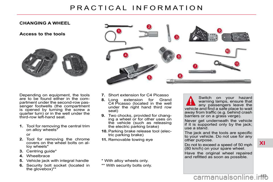 Citroen C4 PICASSO 2010.5 1.G Owners Manual XI
�1�8�3� 
�P �R �A �C �T �I �C �A �L �  �I �N �F �O �R �M �A �T �I �O �N
CHANGING A WHEEL 
  Access to the tools  
� �D�e�p�e�n�d�i�n�g�  �o�n�  �e�q�u�i�p�m�e�n�t�,�  �t�h�e�  �t�o�o�l�s�  
�a�r�e�