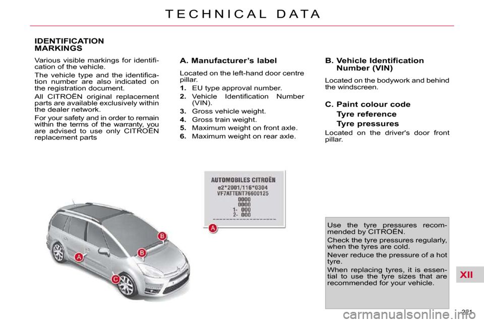 Citroen C4 PICASSO 2010.5 1.G Owners Manual XII
221 
�T �E �C �H �N �I �C �A �L �  �D �A �T �A
IDENTIFICATION MARKINGS 
� �V�a�r�i�o�u�s�  �v�i�s�i�b�l�e�  �m�a�r�k�i�n�g�s�  �f�o�r�  �i�d�e�n�t�i�ﬁ� �- 
�c�a�t�i�o�n� �o�f� �t�h�e� �v�e�h�i�c