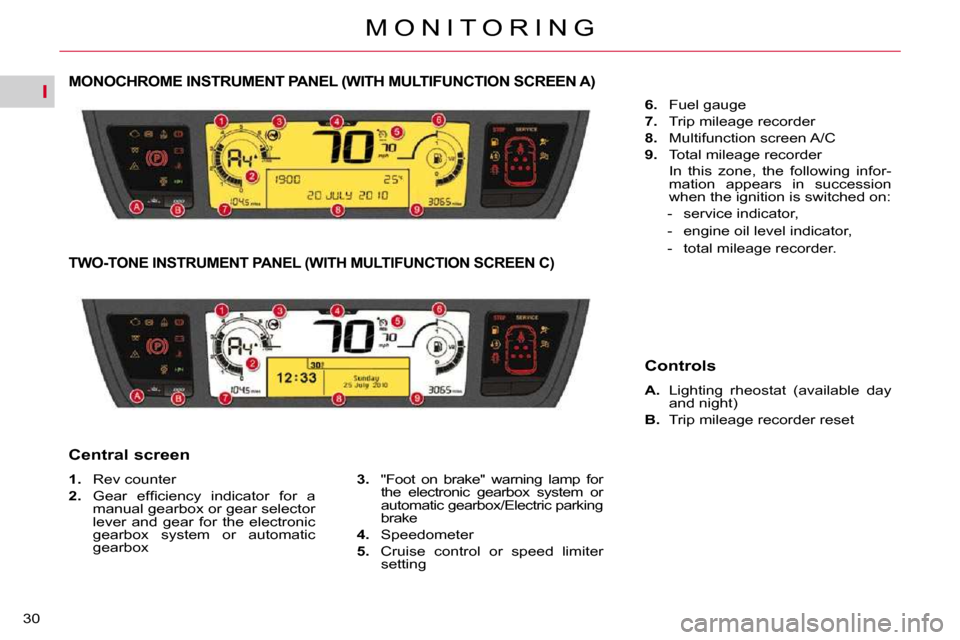 Citroen C4 PICASSO 2010.5 1.G Owners Guide I
30M O N I T O R I N G
MONOCHROME INSTRUMENT PANEL (WITH MULTIFUNCTION SCR
EEN A) 
   
1. � �  �R�e�v� �c�o�u�n�t�e�r� 
  
2. � �  �G�e�a�r�  �e�f�ﬁ� �c�i�e�n�c�y�  �i�n�d�i�c�a�t�o�r�  �f�o�r�  �a