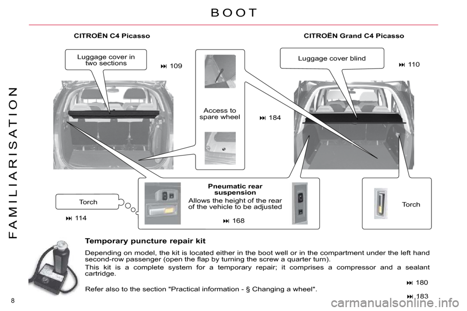 Citroen C4 PICASSO 2010.5 1.G Owners Manual �8� 
F A M I L I A R I S A T I O N
  
CITROËN    
Grand C4 Picasso   
� �T�o�r�c�h� 
  
Pneumatic rear 
suspension   
� �A�l�l�o�w�s� �t�h�e� �h�e�i�g�h�t� �o�f� �t�h�e� �r�e�a�r� 
�o�f� �t�h�e� �v�e