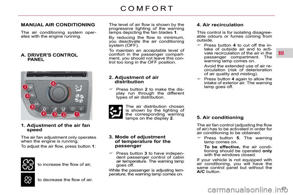 Citroen C4 PICASSO 2010.5 1.G Workshop Manual III
�5�7� 
C O M F O R T
MANUAL AIR CONDITIONING 
� �T�h�e�  �a�i�r�  �c�o�n�d�i�t�i�o�n�i�n�g�  �s�y�s�t�e�m�  �o�p�e�r�- 
�a�t�e�s� �w�i�t�h� �t�h�e� �e�n�g�i�n�e� �r�u�n�n�i�n�g�.� 
 A.  DRIVERS C
