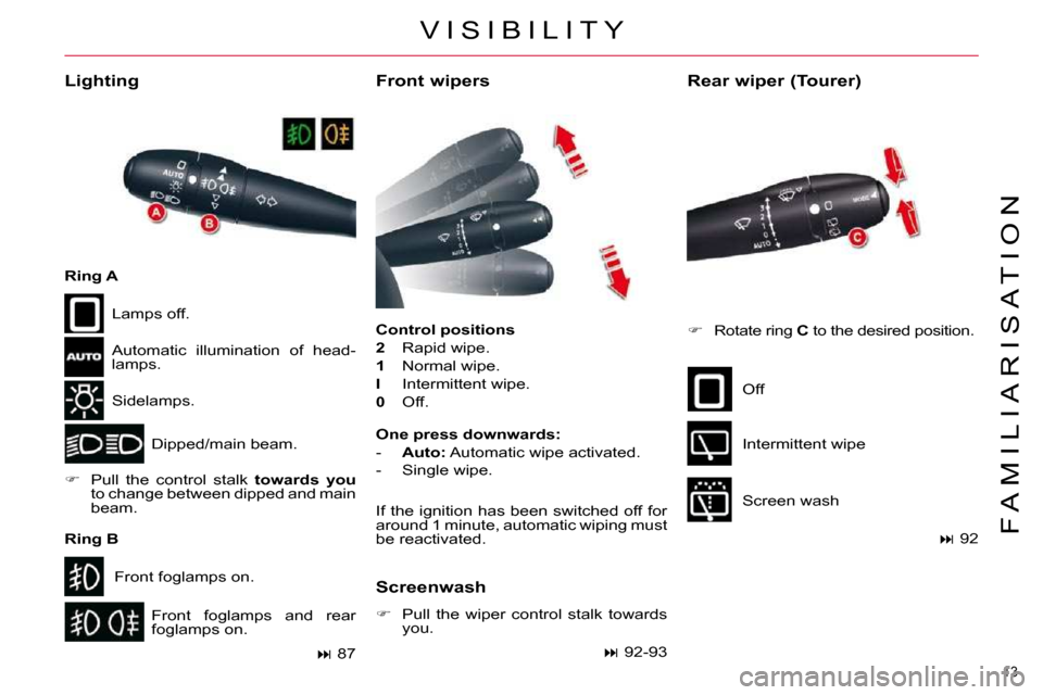 Citroen C5 DAG 2010.5 (RD/TD) / 2.G Owners Manual 13 
F A M I L I A R I S A T I O N
� �V �I �S �I �B �I �L �I �T �Y� 
  Front wipers  
  
Control positions   
  
2 � �  �R�a�p�i�d� �w�i�p�e�.� 
  
1 � �  �N�o�r�m�a�l� �w�i�p�e�.� 
  
I � �  �I�n�t�e�