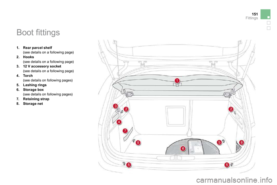 Citroen DS4 DAG 2010.5 1.G Owners Manual 151Fittings
1.    Rear parcel shelf  (see details on a following page) 2.    Hooks  (see details on a following page) 3.    12 V accessor y socket  (see details on a following page) 4.    Torch  (see 