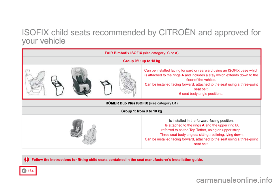 Citroen DS4 DAG 2010.5 1.G Owners Manual                ISOFIX child seats recommended by CITROËN and approved for 
your vehicle 
Follow the instructions for fitting child seats con tained in the seat manufacturers installation guide .  
F