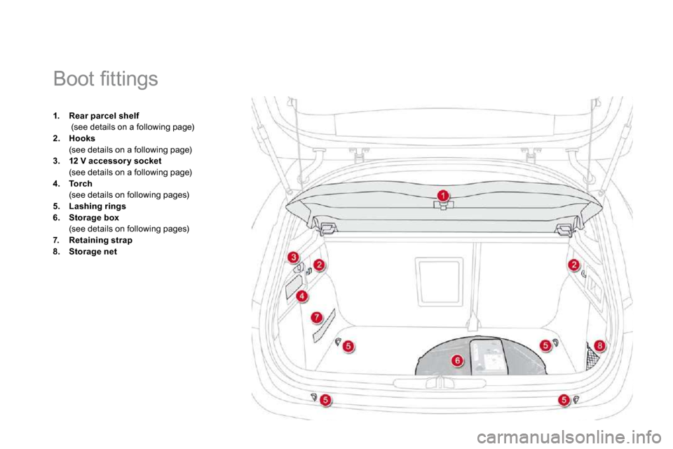 Citroen DS4 2010.5 1.G Owners Manual 1.    Rear parcel shelf   (see details on a following page) 2.    Hooks  (see details on a following page) 3.    12 V accessor y socket  (see details on a following page) 4.    Torch  (see details on 