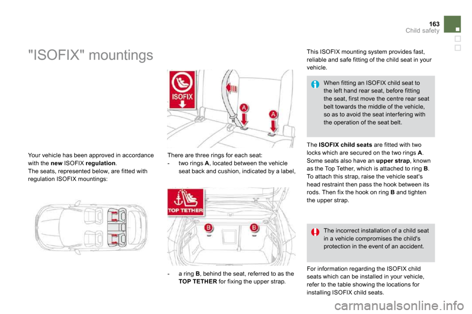 Citroen DS4 2010.5 1.G User Guide 163Child safety
 Your vehicle has been approved in accordance with the  new  ISOFIX  regulation .  The seats, represented below, are fitted with regulation ISOFIX mountings: 
               "ISOFIX" m