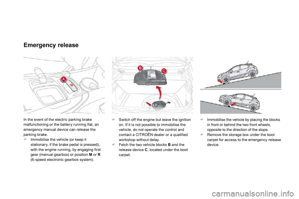 Citroen DS4 2010.5 1.G Owners Manual  In the event of the electric parking brake malfunctioning or the battery running flat, an emergency manual device can release the parking brake. �   Immobilise the vehicle (or keep it stationary, 