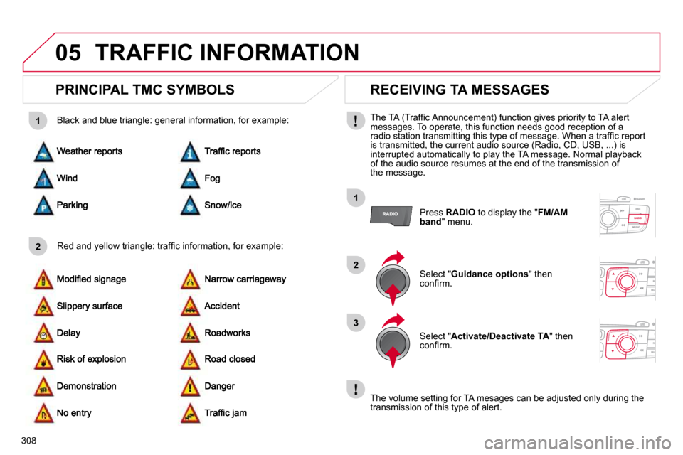 Citroen DS4 2010.5 1.G User Guide 308
05
2
1
1
2
3
 TRAFFIC INFORMATION 
       PRINCIPAL TMC SYMBOLS 
� � �R�e�d� �a�n�d� �y�e�l�l�o�w� �t�r�i�a�n�g�l�e�:� �t�r�a�f�ﬁ� �c� �i�n�f�o�r�m�a�t�i�o�n�,� �f�o�r� �e�x�a�m�p�l�e�:
� 
� � �