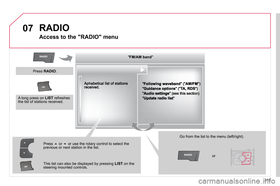 Citroen DS4 2010.5 1.G Owners Manual 319
07 RADIO 
       Access to the "RADIO" menu 
� � �"� � � �"� � � �"� � � �"� � � �"� � � �"� � � �"� � � �"� � � �"� � � �"� � � �"� � � �"� � � �"� � � �"� � � �"� � � �"� � � �"� � � �"� � � �"�