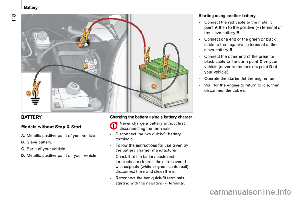 Citroen NEMO DAG 2010.5 1.G Owners Guide 118
Battery
BATTERY
Models without Stop & Start
A. Metallic positive point of your vehicle.
B. Slave battery.
C. Earth of your vehicle.
D. Metallic positive point on Citroen NEMO DAG 2010.5 1.G Owners Guide 118
Battery
BATTERY
Models without Stop & Start
A. Metallic positive point of your vehicle.
B. Slave battery.
C. Earth of your vehicle.
D. Metallic positive point on