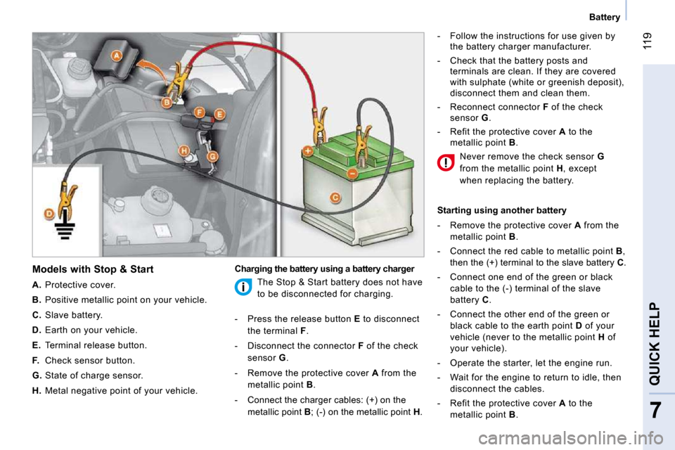 Citroen NEMO DAG 2010.5 1.G Owners Guide 119
7
QUICK HELP
Battery
Models with Stop & Start
A. Protective cover.
B. Positive metallic point on your vehicle.
C. Slave battery.
D. Earth on your vehicle.
Citroen NEMO DAG 2010.5 1.G Owners Guide 119
7
QUICK HELP
Battery
Models with Stop & Start
A. Protective cover.
B. Positive metallic point on your vehicle.
C. Slave battery.
D. Earth on your vehicle.