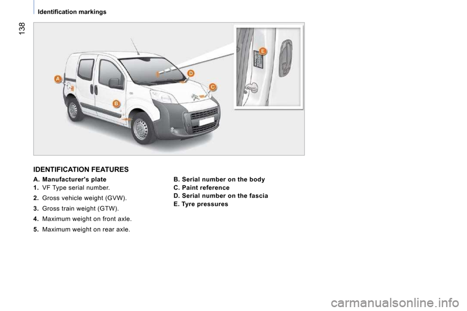 Citroen NEMO DAG 2010.5 1.G Owners Manual 138
�I�d�e�n�t�i�ﬁ� �c�a�t�i�o�n� �m�a�r�k�i�n�g�s
 IDENTIFICATION FEATURES  
   
A.  Manufacturers plate   
   
1.    VF Type serial number. 
  
2.    Gross vehicle weight (GVW). 
  
3.    Gross t