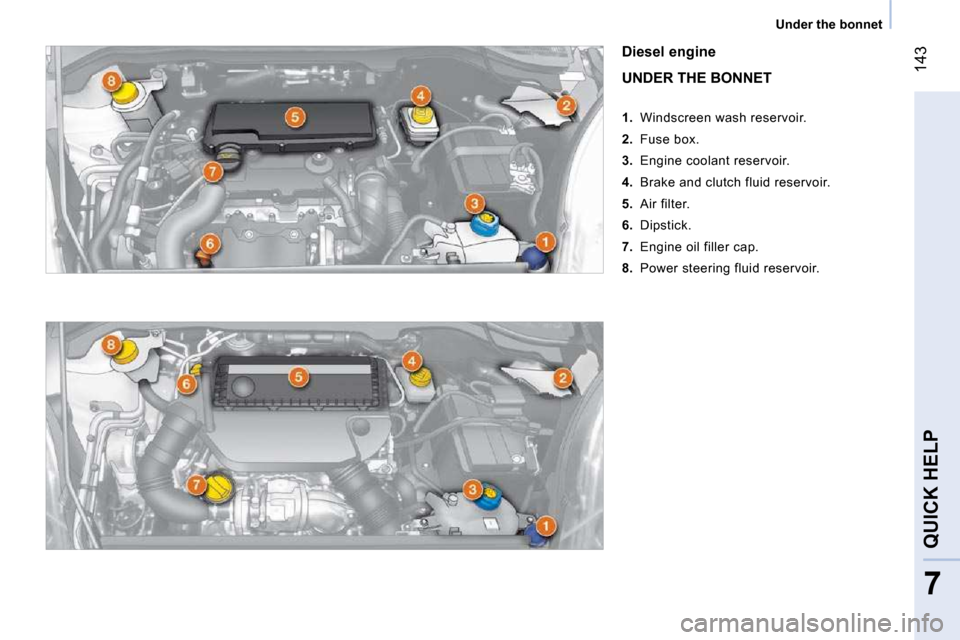 Citroen NEMO DAG 2010.5 1.G Owners Manual 143
7
QUICK HELP
   Under the bonnet   
  Diesel engine   
 UNDER THE BONNET  
    
1.    Windscreen wash reservoir. 
  
2.    Fuse box. 
  
3.    Engine coolant reservoir. 
  
4.    Brake and clutch 
