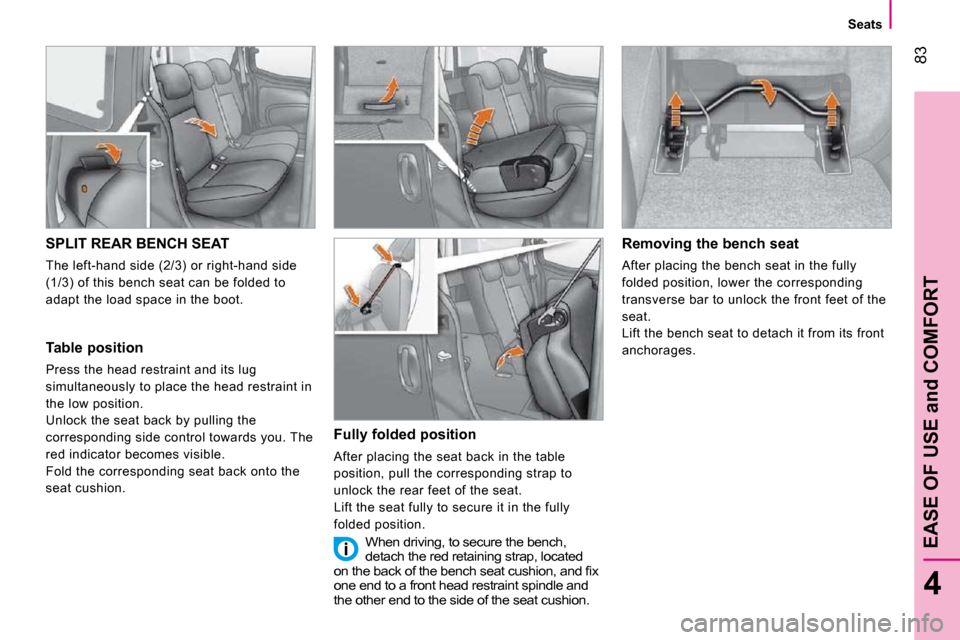 Citroen NEMO DAG 2010.5 1.G Owners Manual 83
4
EASE OF USE and COMFORT
Seats
SPLIT REAR BENCH SEAT
The left-hand side (2/3) or right-hand side
(1/3) of this bench seat can be folded to
adapt the load space in the boot.
Table po Citroen NEMO DAG 2010.5 1.G Owners Manual 83
4
EASE OF USE and COMFORT
Seats
SPLIT REAR BENCH SEAT
The left-hand side (2/3) or right-hand side
(1/3) of this bench seat can be folded to
adapt the load space in the boot.
Table po