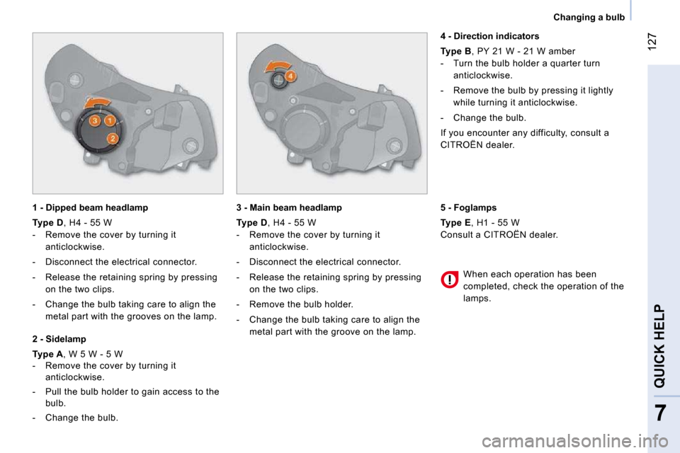 Citroen NEMO 2010.5 1.G Owners Manual 127
7
QUICK HELP 
   Changing a bulb   
  1 - Dipped beam headlamp  
  
Type D  , H4 - 55 W 
   -   Remove the cover by turning it  anticlockwise. 
  -   Disconnect the electrical connector. 
  -   Re