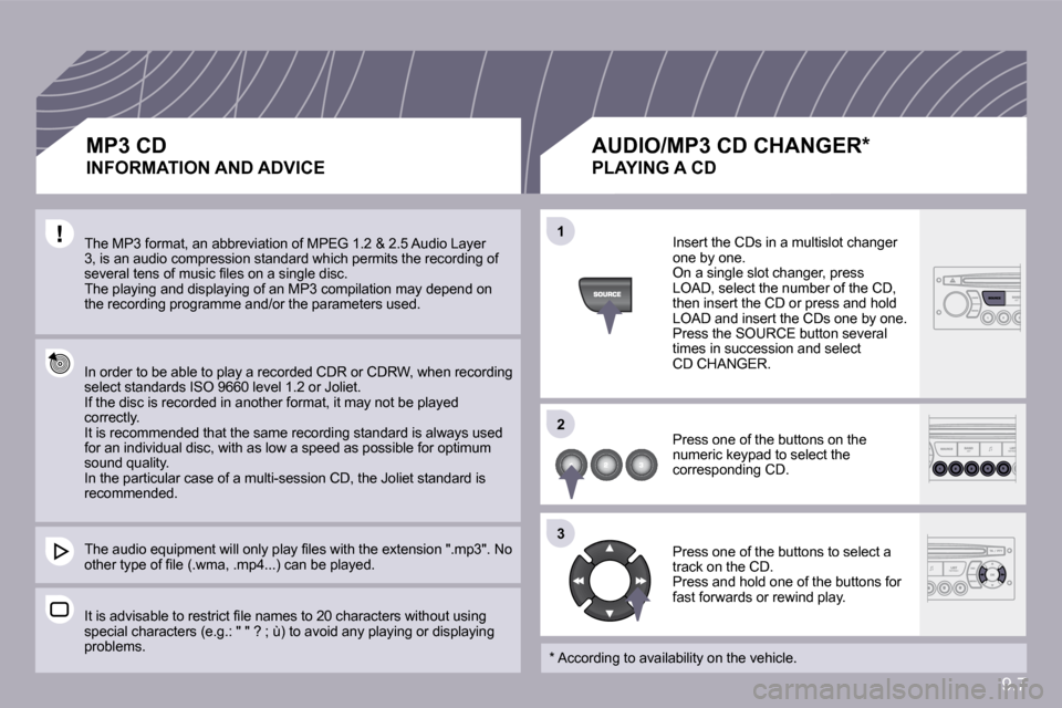 Citroen BERLINGO DAG 2010 2.G Owners Manual 9.7
�1�1
�2�2
�3�3
 The MP3 format, an abbreviation of MPEG 1.2 & 2.5 Audio Layer �3�,� �i�s� �a�n� �a�u�d�i�o� �c�o�m�p�r�e�s�s�i�o�n� �s�t�a�n�d�a�r�d� �w�h�i�c�h� �p�e�r�m�i�t�s� �t�h�e� �r�e�c�o�r