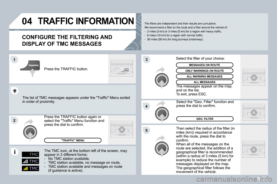Citroen BERLINGO DAG 2010 2.G Owners Manual 9. 33
�0�4
�1
�2
�5
�4
�3
�T�R�A�F�F�I�C� �I�N�F�O�R�M�A�T�I�O�N� 
� � �C�O�N�F�I�G�U�R�E� �T�H�E� �F�I�L�T�E�R�I�N�G� �A�N�D� 
�D�I�S�P�L�A�Y� �O�F� �T�M�C� �M�E�S�S�A�G�E�S� 
� �T�h�e�n� �s�e�l�e�c�