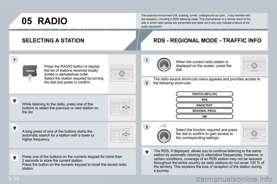Citroen BERLINGO DAG 2010 2.G Owners Manual 9. 34
�1�1
�2
�3
�0�5
� � �S�E�L�E�C�T�I�N�G� �A� �S�T�A�T�I�O�N� 
 When the current radio station is displayed on the screen, press the dial. 
 The radio source short-cuts menu appears and providesov
