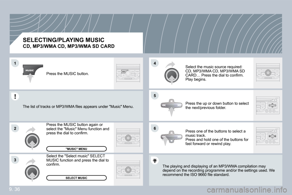 Citroen BERLINGO DAG 2010 2.G Owners Manual 9. 36
�1
�2
�3
�5
�4
�6
�S�E�L�E�C�T�I�N�G�/�P�L�A�Y�I�N�G� �M�U�S�I�C� � 
�C�D�,� �M�P�3�/�W�M�A� �C�D�,� �M�P�3�/�W�M�A� �S�D� �C�A�R�D� 
� �T�h�e� �p�l�a�y�i�n�g� �a�n�d� �d�i�s�p�l�a�y�i�n�g� �o�f