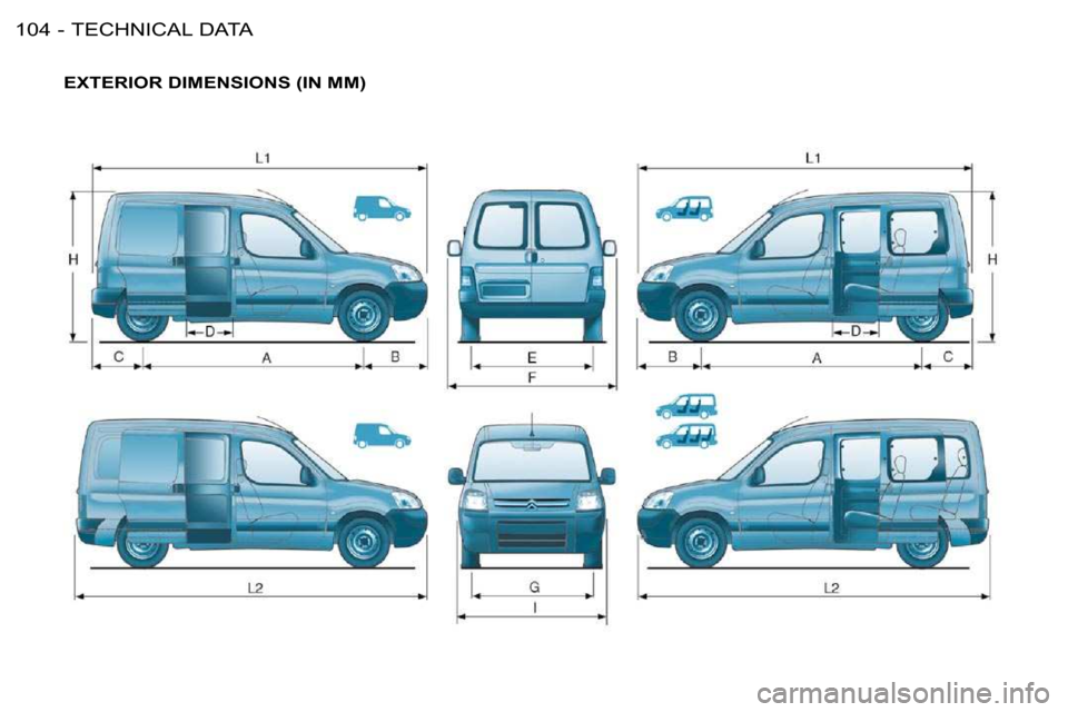 Citroen BERLINGO FIRST DAG RHD 2010 1.G Owners Manual TECHNICAL DATA104 -
EXTERIOR DIMENSIONS (IN MM) Citroen BERLINGO FIRST DAG RHD 2010 1.G Owners Manual TECHNICAL DATA104 -
EXTERIOR DIMENSIONS (IN MM)